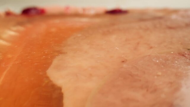 Meat aspic, slavic food, Traditional Russian pork meat aspic Kholodets with horseradish, mustard, jellied jelly beef, eating in restaurant chicken tasty dish. Close up on kitchen. 