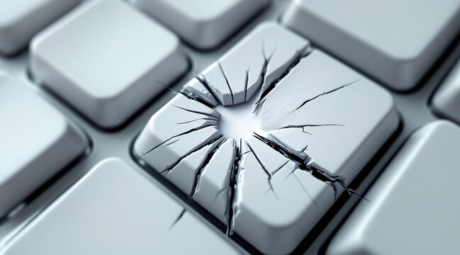 Cracked key keyboard computer white closeup top view broken key visually striking cracked computer keyboard key with radial fractures conveying