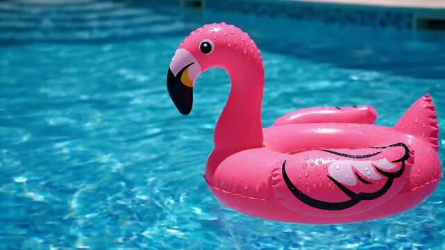 Pink Flamingo Pool Float - A pink inflatable flamingo pool float glides serenely on the surface of a bright blue swimming pool.