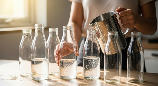 Person Pouring Water into Multiple Glass Bottles Lined Up.