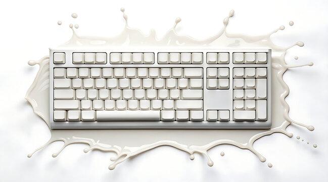 White computer keyboard splashed with milk creating dynamic spill and splash pattern conveying accidental mess and contrast
