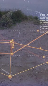Vertical video: Holo sphere appearing over shore rotating and flickering code showing tech network