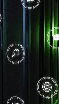 Vertical video: UI icon column appearing from right, pulsing over green-lit racks showing network