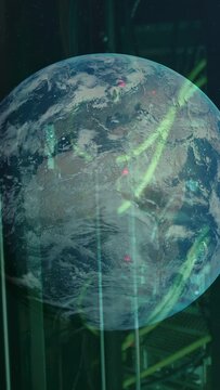 Vertical video: Data pulse sending holo globe showing green ribbons red nodes pulsing racks for ops