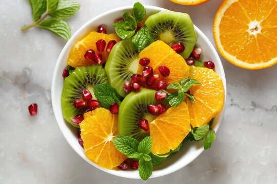 Fresh fruit salad with orange, kiwi, and pomegranate in natural light Generative AI