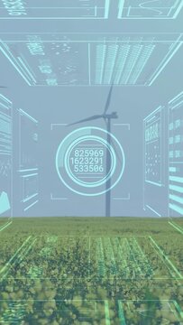 Vertical video: AR HUD popping over crop, monitoring turbines as gauges cycling and HUD retracting
