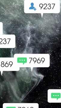 Vertical video: Badges appearing from sides, forming stack over nebula showing app activity