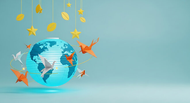 Origami Paper Cranes Flying Around Earth Lantern Globe with Stars