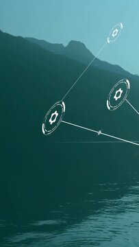 Vertical video: HUD gear nodes entering from right after pause, forming tech net above lake