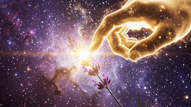 Cosmic Touch - A glowing, golden hand reaches down towards a sprig of lavender set against a backdrop of a vibrant purple nebula filled with stars.