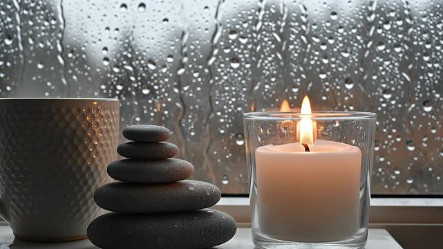 Rainy Day Still Life with Candle and Stones - A soothing still life features a lit candle in a clear glass, a stack of smooth gray stones, and a textured mug against a window covered in raindrops.
