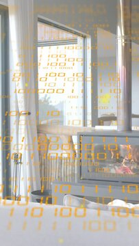 Vertical video: Camera panning, revealing stove fire flickering under binary overlay to show warmth