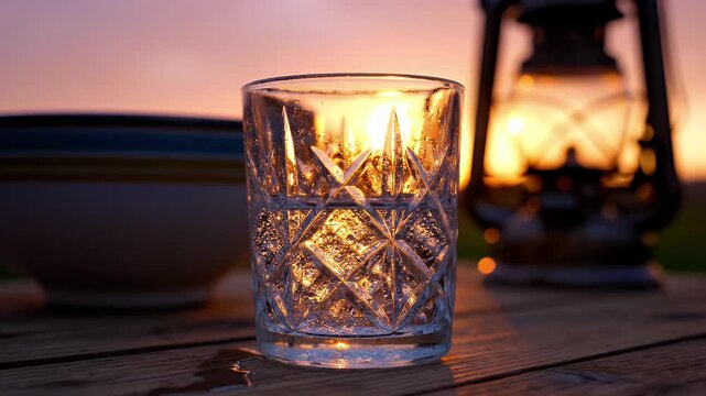 Glass of Water at Sunset - A glass of water with a decorative design sits on a wooden table at sunset. The golden light shines through the glass, creating a warm and inviting atmosphere.