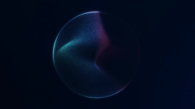 Futuristic particle sphere with red and blue glowing energy on dark background. Abstract digital orb loop with atmospheric motion, sci fi depth and AI visualization feel.