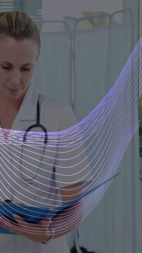 Vertical video: Nurse opening blue patient folder, scanning for care, animated wave sweeping frame