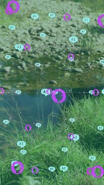 Vertical video: Steady river scene with AI icons appearing, drifting along line, forming AR overlay