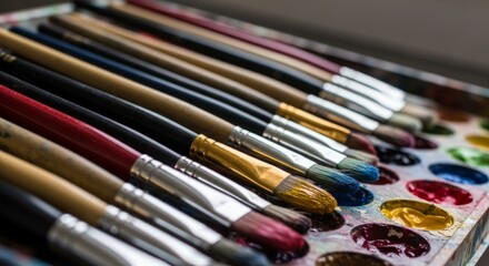 Obraz premium Paint Brushes in Colorful Art Palette, Studio Craft Background