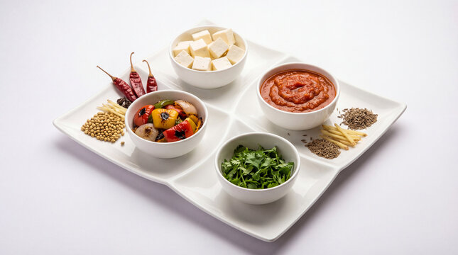 A white plate with various bowls of food and spices on a white surface with a slightly offwhite background