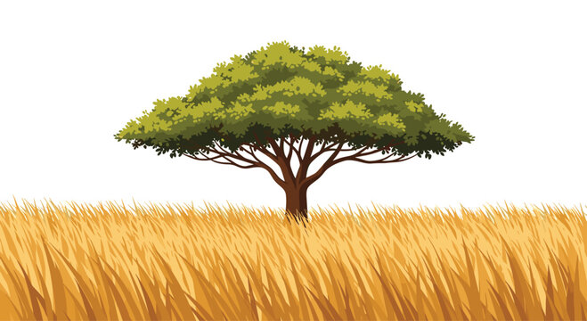 Majestic green canopy tree grows prominently within a sprawling field of tall golden savanna grass under a soft and warm natural lighting environment.