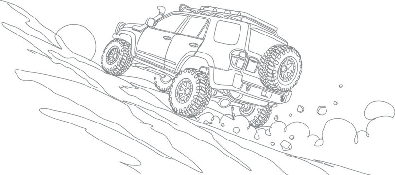Rugged off road vehicle climbs a steep sandy dune in this detailed black and white line art drawing designed for children and coloring book enthusiasts
