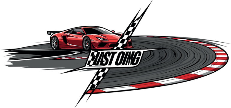 Stylish red sports car drifts rapidly around a sharp race track corner while showcasing speed and professional performance in a bold high quality vector graphic design