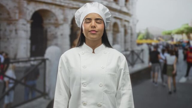Young female chef in white jacket and chef hat with eyes closed, standing before building colosseum amid a crowded tourist street; serenity culinary journey.