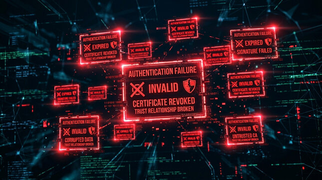 Authentication failure invalid certificate revoked trust relationship broken red warning digital sign floating network security concept