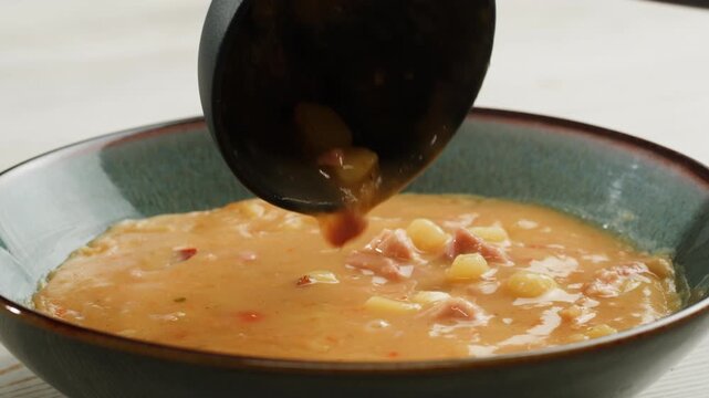 Split pea soup, Eating mashed pea soup with sausages and pork. Popular german or slavic food, winter street food.