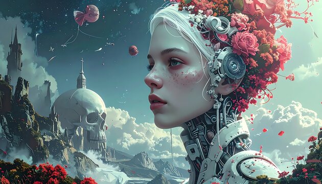 Cyborg maiden with flowers and futuristic elements in a dreamlike landscape