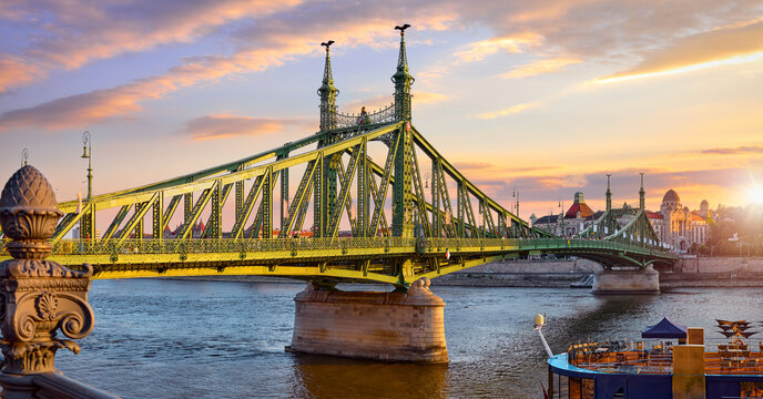 Budapest, Hungary. Freedom bridge on Danube river. Sunny day with blue sky. Famous travel destination in Europe.
