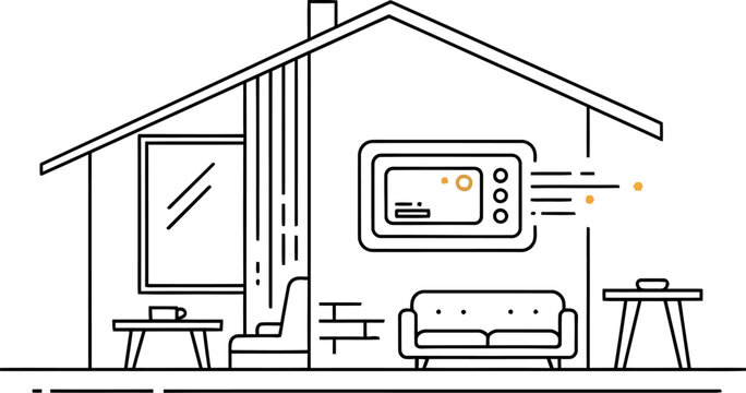 Simple line art drawing of a house interior showing a microwave oven heating food inside a cozy living space with furniture and clean minimal aesthetics