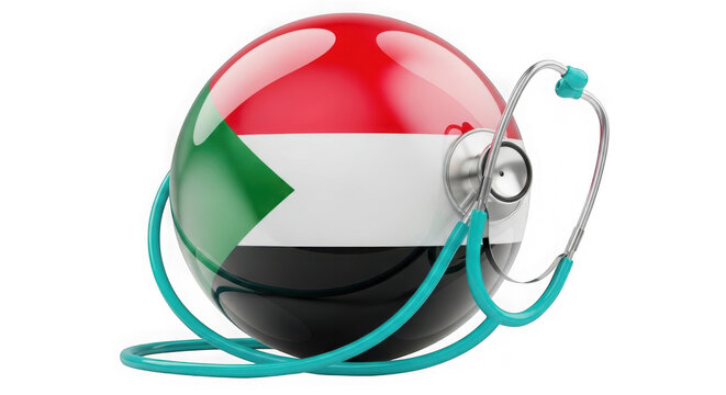 Sudanese healthcare concept with a stethoscope wrapped around a glossy sphere of the sudanese flag isolated on transparent background