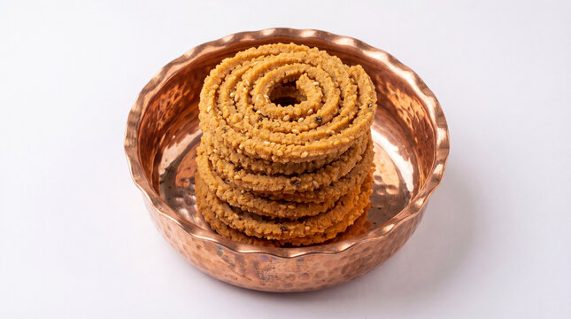 A stack of chakli snacks in a copper bowl on a white surface, indian cuisine