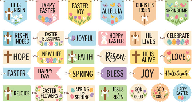 Colorful easter bunting and labels with religious quotes plus spring floral patterns and pastel eggs