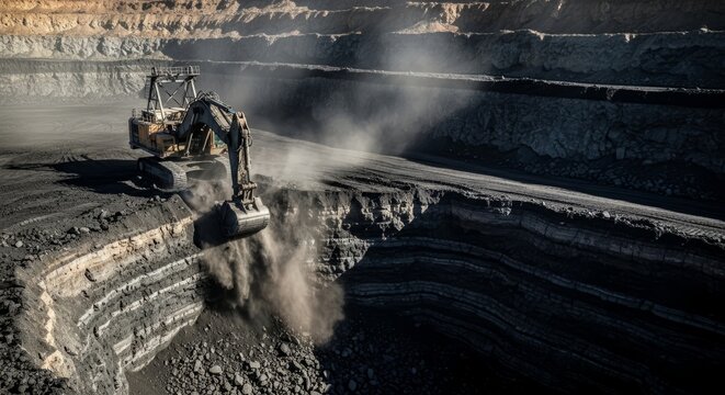 Excavator Digging Coal in Open Pit Mine