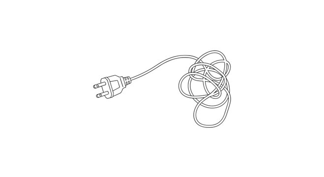 A minimalist black and white line illustration depicts a standard two-prong electrical plug attached to a chaotic and intricately tangled mess of thin wire.