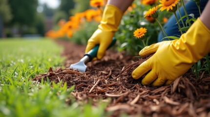 Fototapeta premium Close-up of gloved hands spreading cedar mulch along a flower bed edge