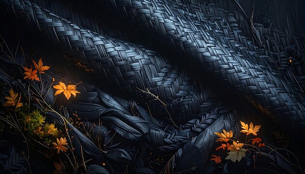 Dark braided cord weaves through shadowed foliage, accented by golden autumn leaves in dim light