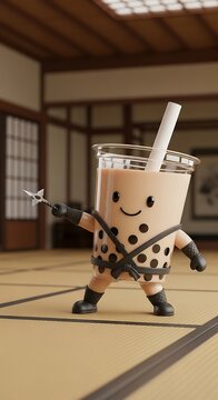 Animated 3D illustration depicts a cheerful tapioca drink warrior in a traditional Japanese room, holding a throwing star, ready for adventure