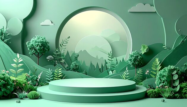 A dreamy mint-green podium sits in a whimsical, layered, landscape scene, evocative of paper cutouts and nature