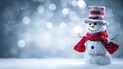 Obraz premium snowman. A festive winter scene with a snowman and gently falling snow in a holiday landscape. event programs, museum guides, designed for cultural heritage projects and event programs. 