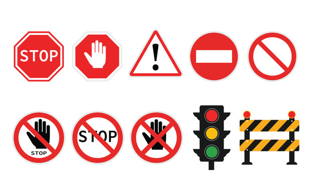 A set of traffic and warning signs icon. Stop, caution, no entry, traffic light and constructions barrier symbols. Road safety vector collection.