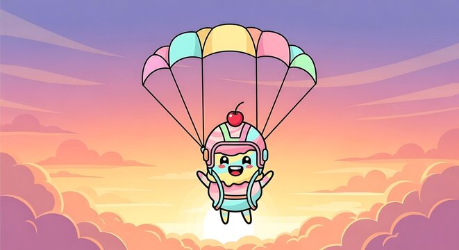 A whimsical, cartoon-style dessert character, equipped with a parachute, descends from a sunset sky