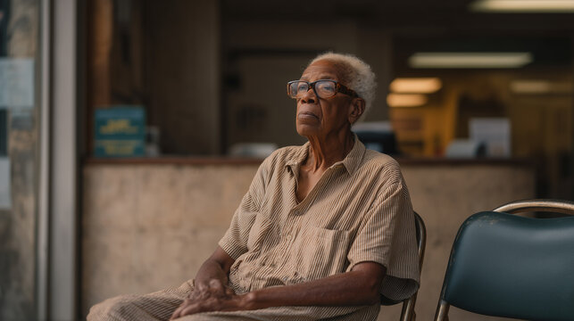 Elderly Black grandmother waits on metal folding chair inside sparse municipal office, numbered ticket in weathered hand, affordable housing waitlist clipboard visible on counter, fluorescent lighti