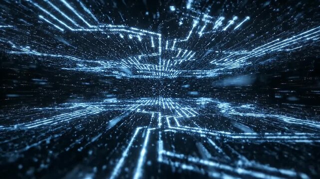 Abstract Digital Circuit Board Technology - A futuristic abstract background features interconnected blue lines and particles, resembling a circuit board or data network.