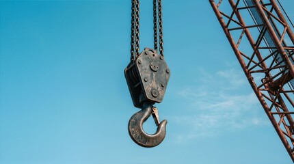 Fototapeta premium Crane hook suspended from chains against a clear blue sky, showcasing industrial construction equipment and heavy machinery in an outdoor setting