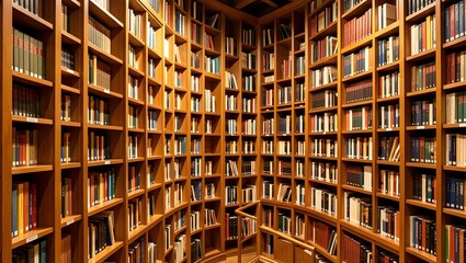 Obraz premium Library with tall wooden bookshelves