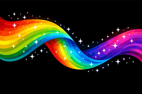 Dynamic continuous multicolor gradient swirling stripe and white sparkling stars symbols long rainbow wave on black background vector illustration for creative design projects and banners.
