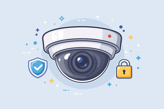 Dome security camera flat vector illustration representing monitoring safety and surveillance with shield and padlock icons for home and business protection and privacy system concept.