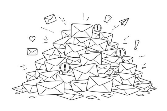 Vector outline drawing of a massive pile of mail envelopes, symbolizing communication backlog, message overload, and urgent notifications. Minimalist sketch for business and productivity concepts.